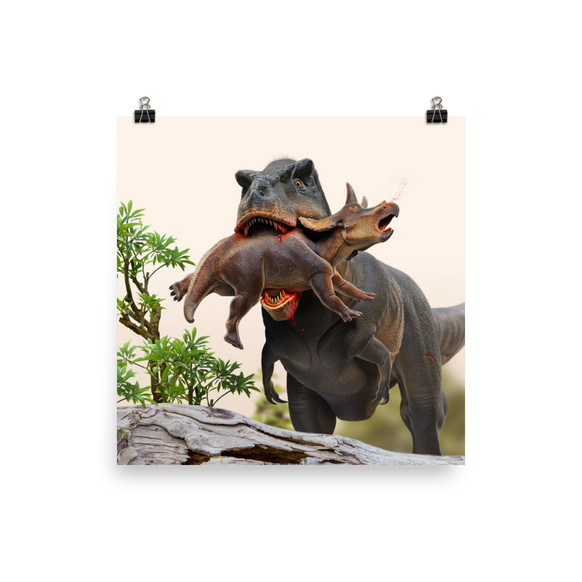 Tyrannosaurus hunting a juvenile Triceratops poster