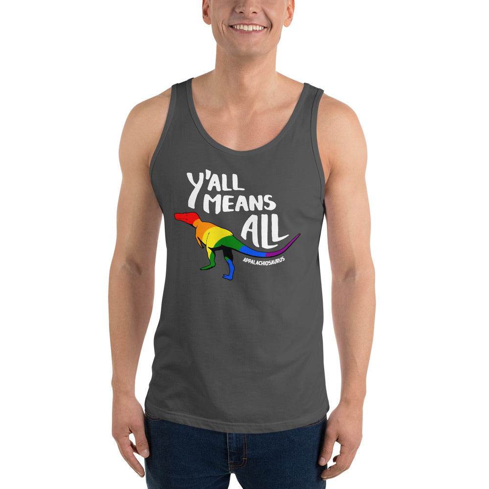 Y'all Means All dinosaur pride tank top