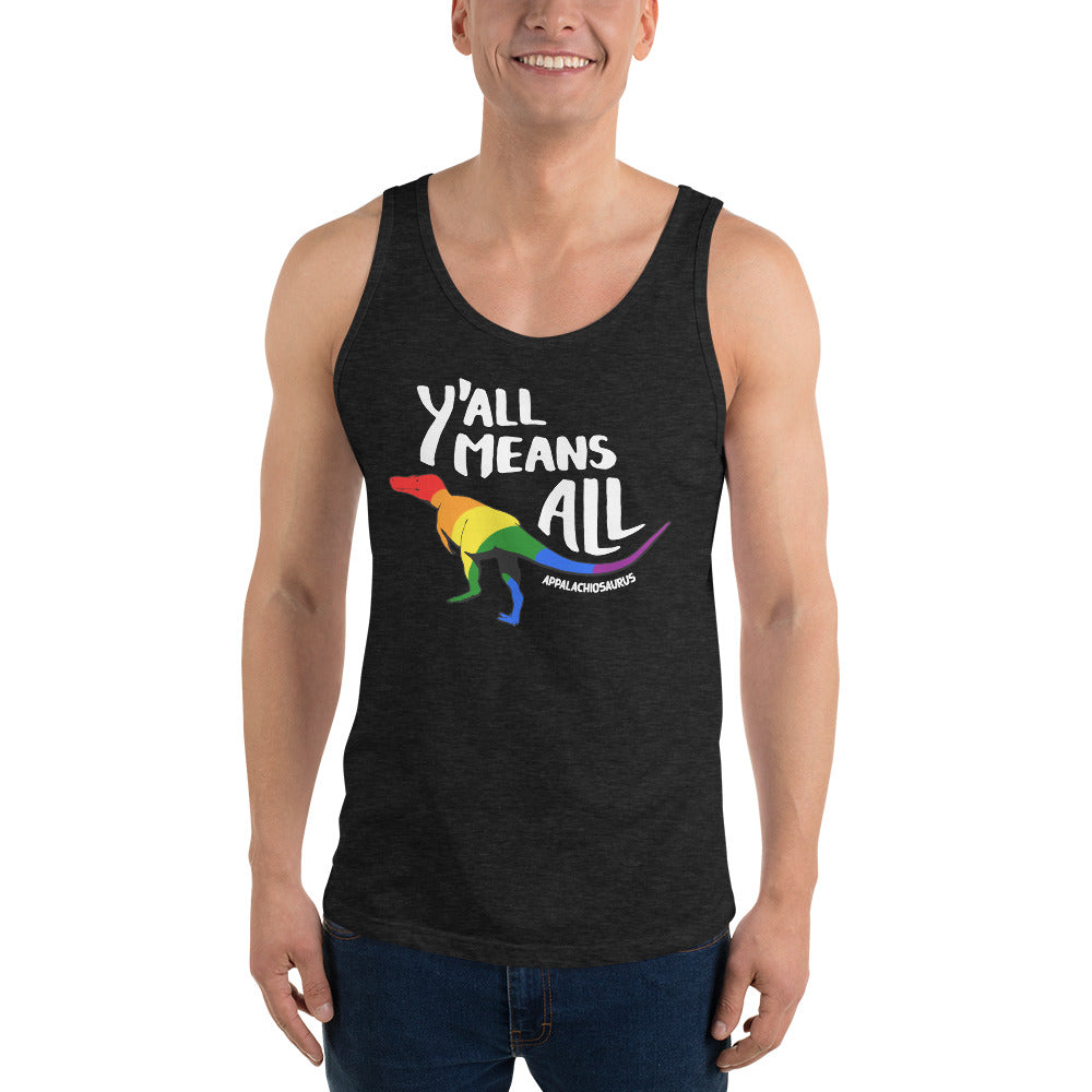 Y'all Means All dinosaur pride tank top