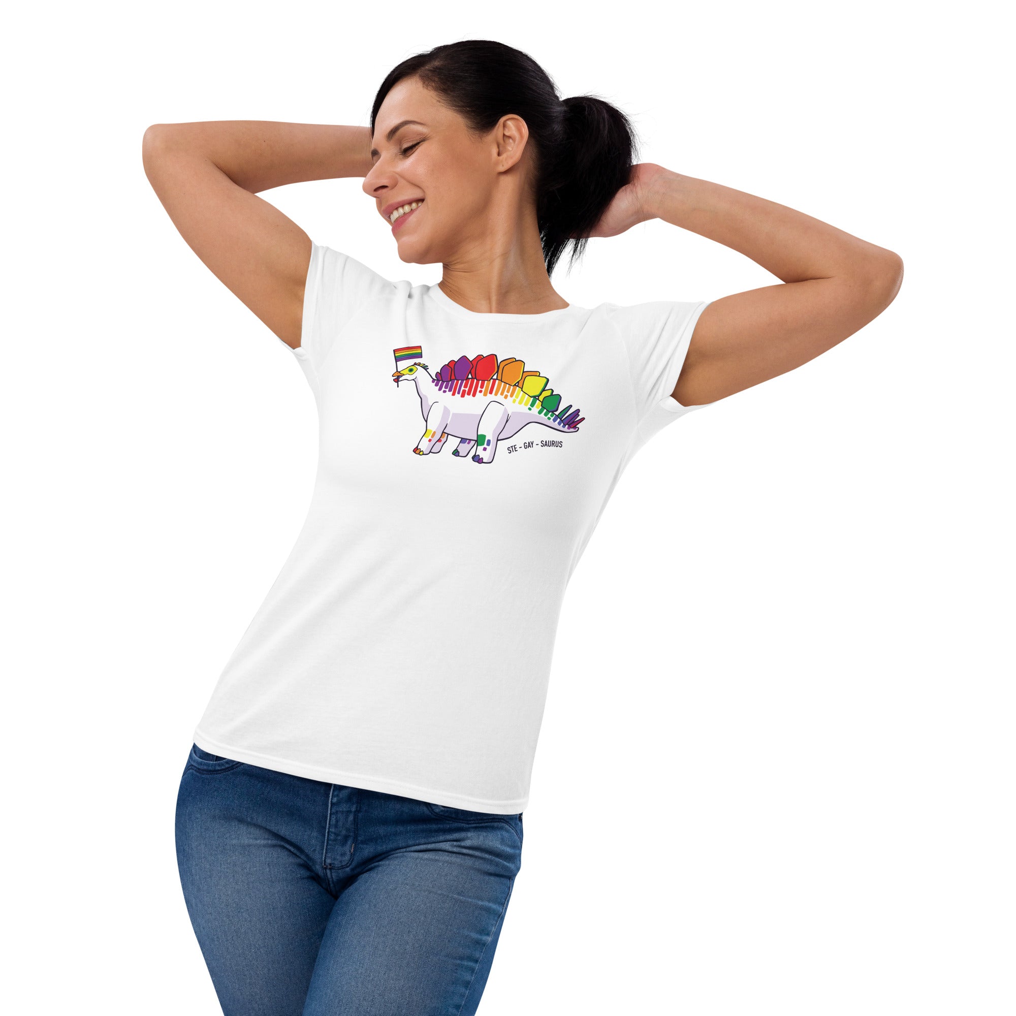 Stegosaurus Dinosaur Gay Pride Flag women's t-shirt