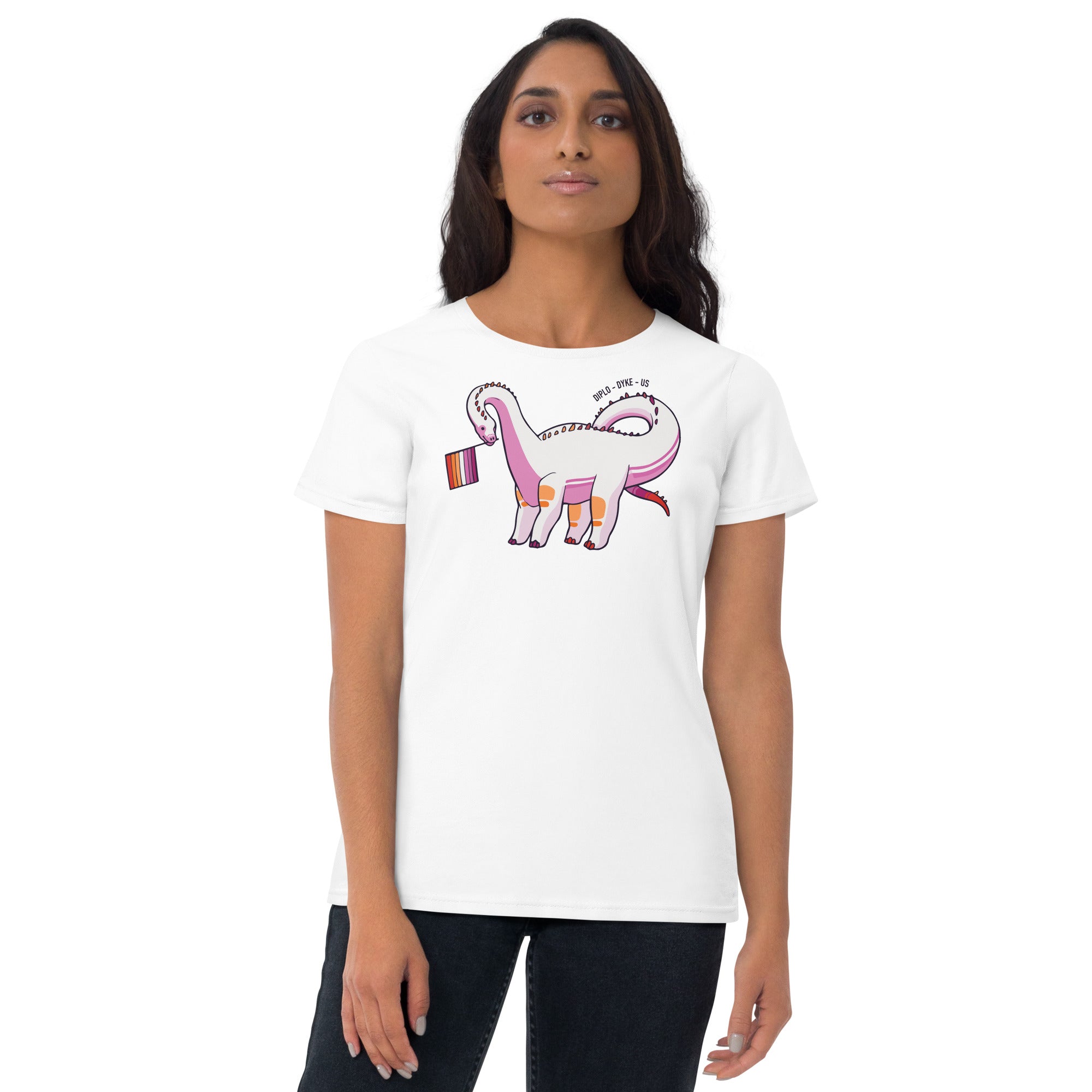 Diplodocus Dinosaur Lesbian Pride Flag women's t-shirt