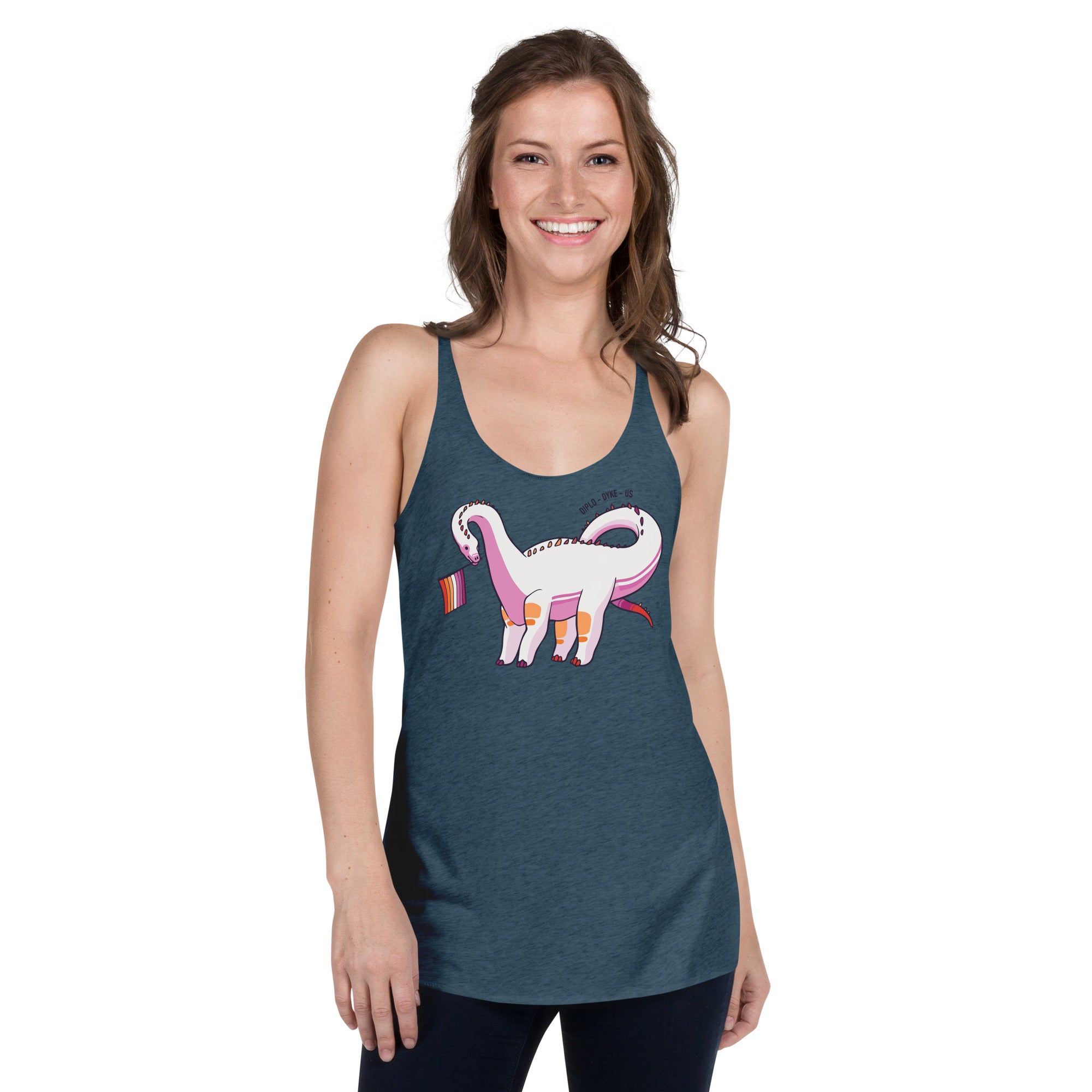 Diplodocus Dinosaur Lesbian Pride Flag racerback tank top