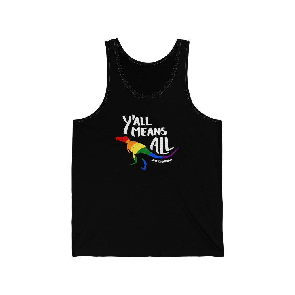 Y'all Means All dinosaur pride tank top