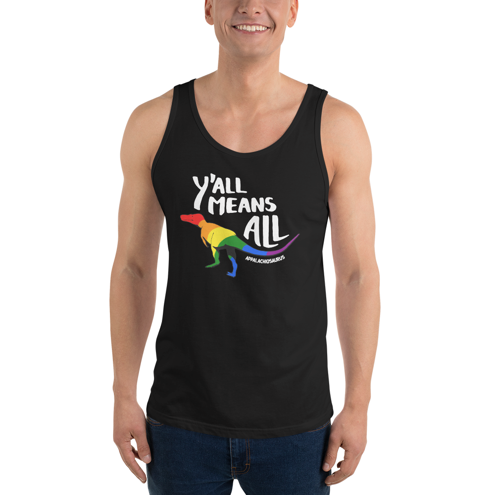 Y'all Means All dinosaur pride tank top