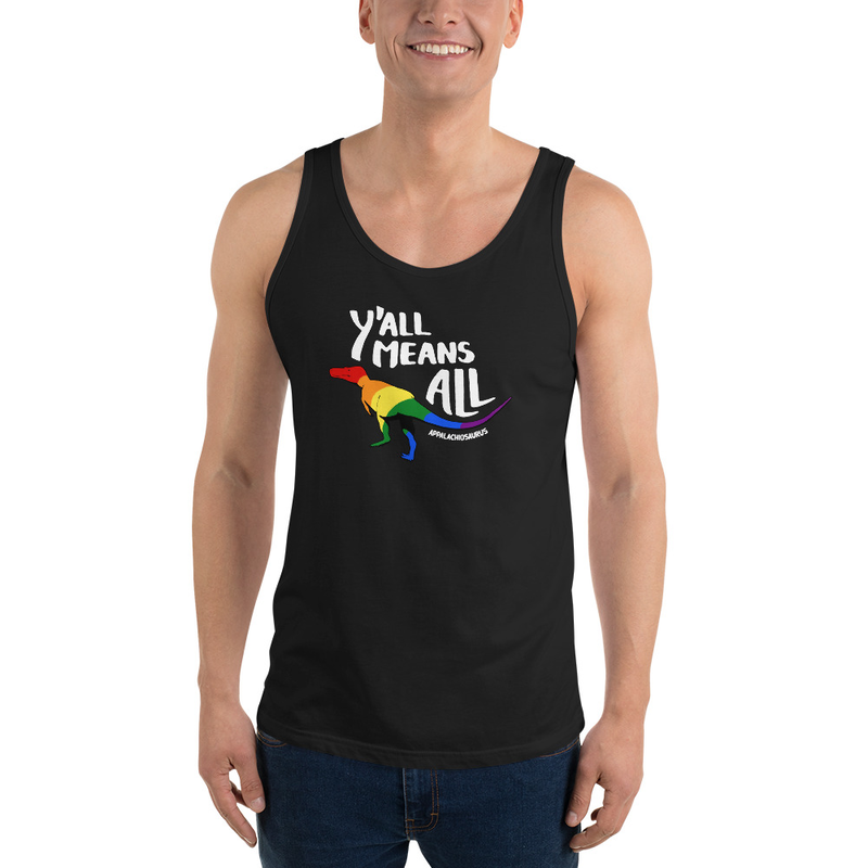 Y'all Means All dinosaur pride tank top